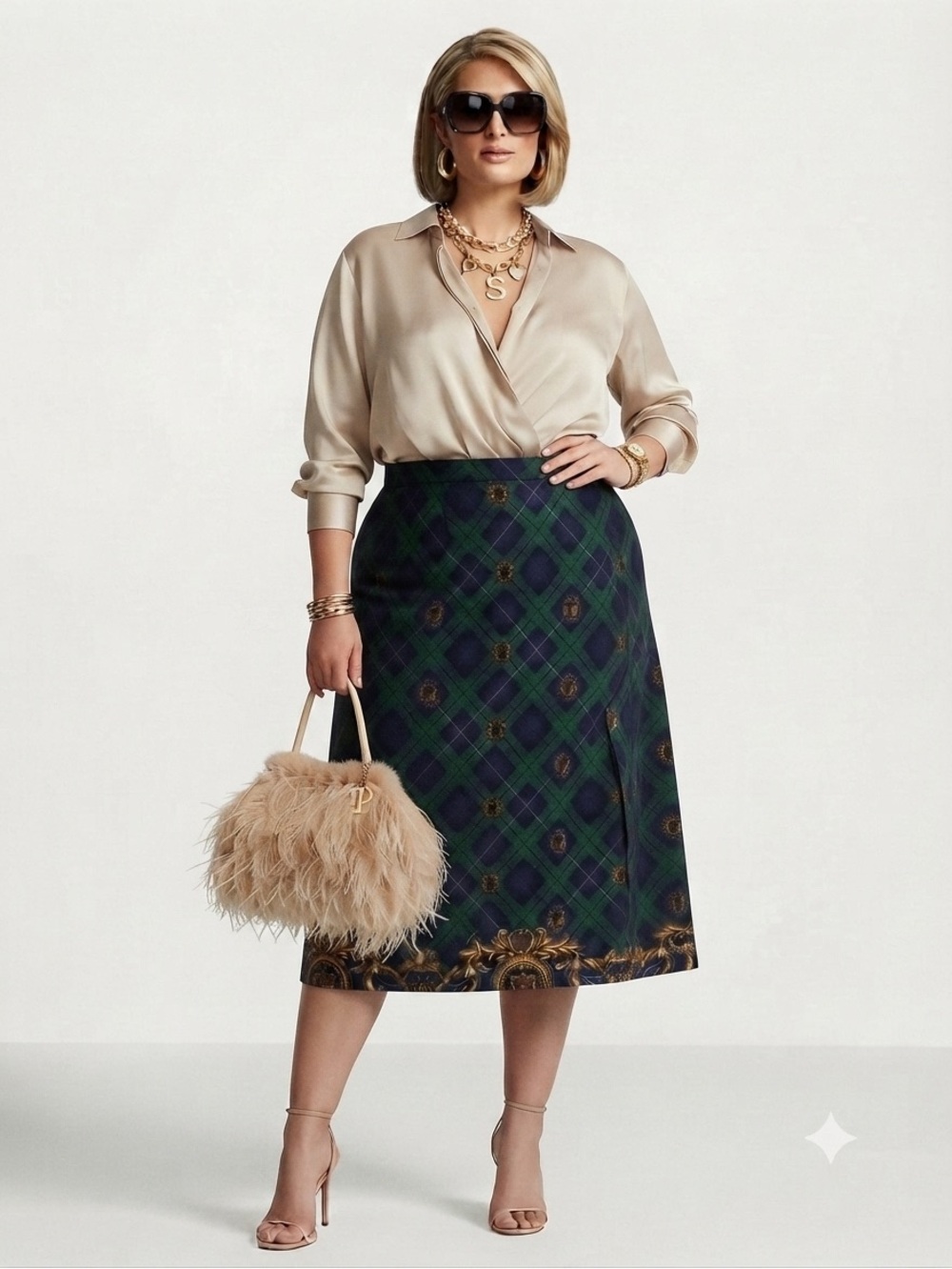 Vintage Jantzen Tartan Plaid Midi Skirt Gold Crest Border